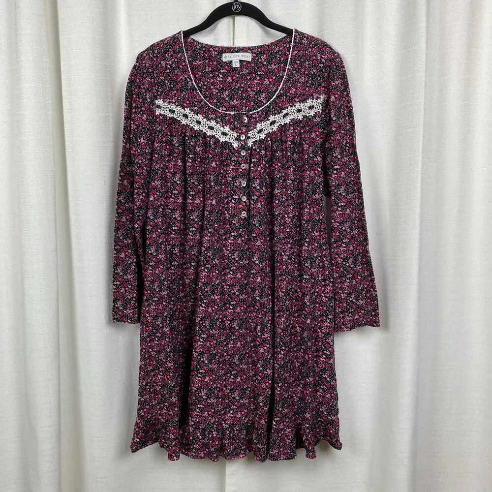 Eileen West Pink Floral Long Sleeve Short Nightgown Sz.L